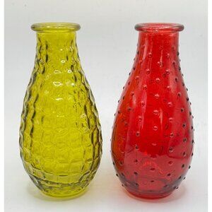 Glass Bud Vases 6" Tall Set Of 2 Yellow & Red Textured  Decorative Tabletop Piec